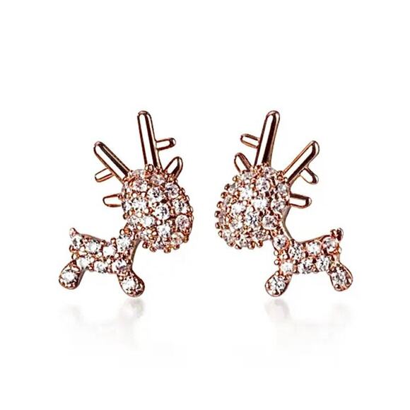 Rose Gold Plated Rhinestone Reindeer Earring Pair - Picture 1 of 8